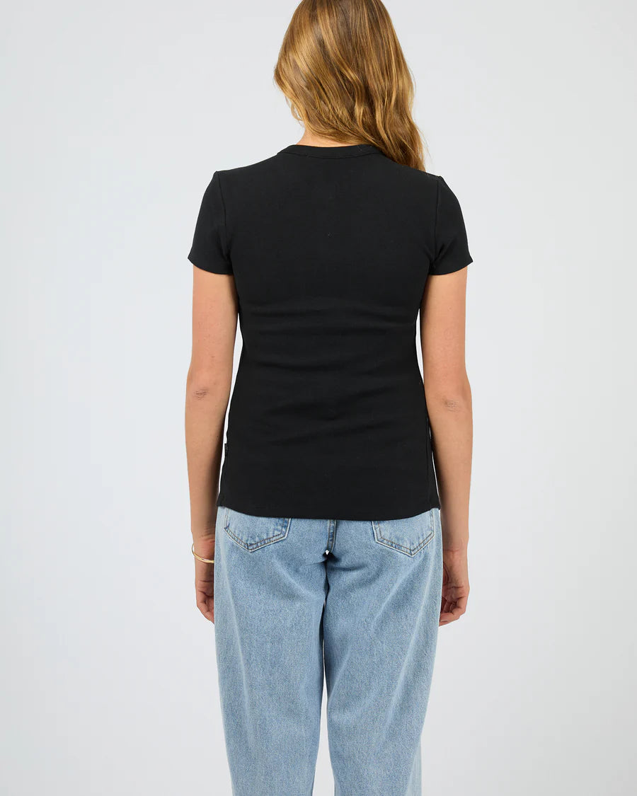 Silent Theory Button Up Short Sleeve Tee - Black | Women’s Ribbed Everyday T-Shirt