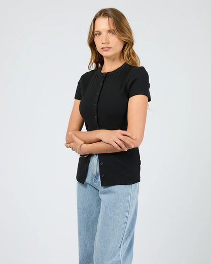 Silent Theory Button Up Short Sleeve Tee - Black | Women’s Ribbed Everyday T-Shirt