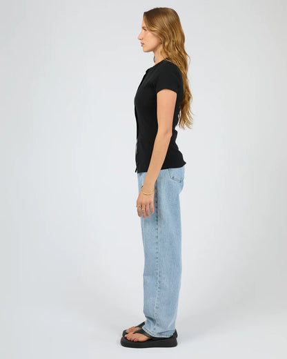 Silent Theory Button Up Short Sleeve Tee - Black | Women’s Ribbed Everyday T-Shirt