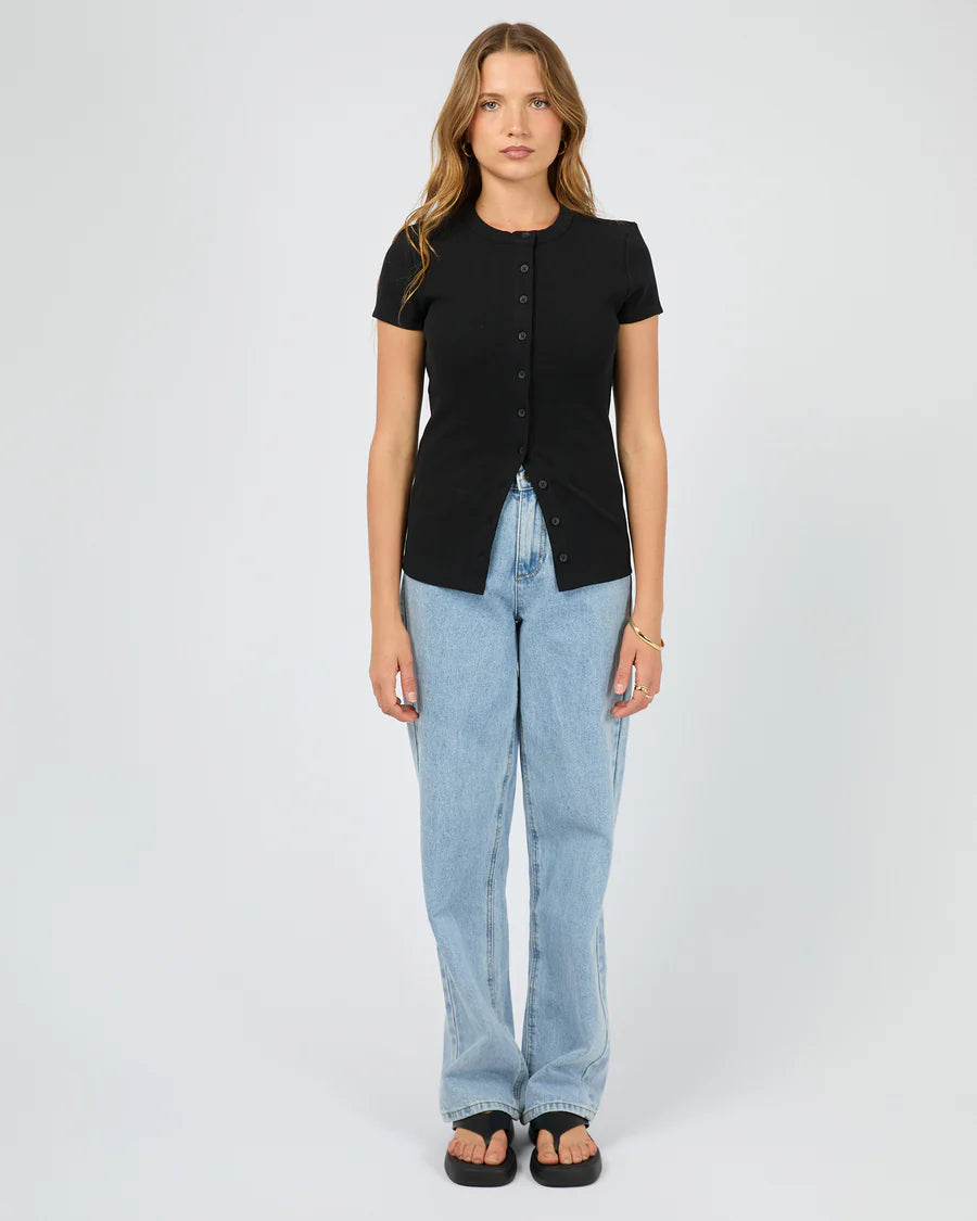 Silent Theory Button Up Short Sleeve Tee - Black | Women’s Ribbed Everyday T-Shirt
