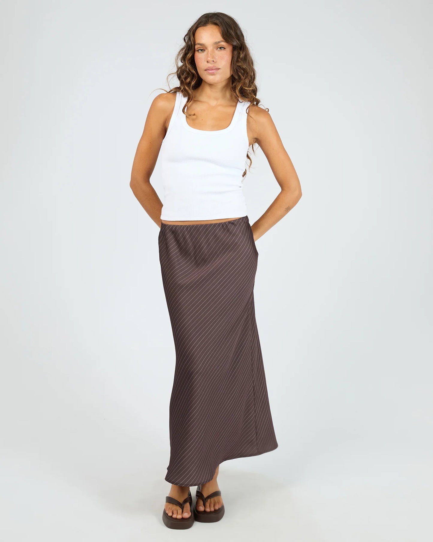 Silent Theory Eden Pinstripe Maxi Skirt - Chocolate | Women's Everyday Slim Fit Maxi Skirt