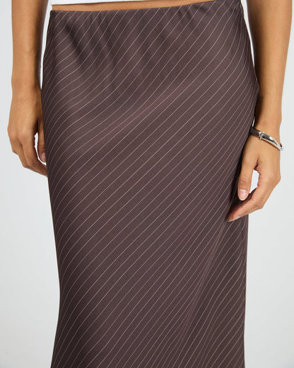 Silent Theory Eden Pinstripe Maxi Skirt - Chocolate | Women's Everyday Slim Fit Maxi Skirt