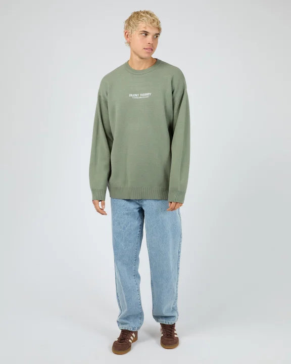 Model wearing men’s Silent Theory Essential Knit in Eucalyptus — casual NZ style

