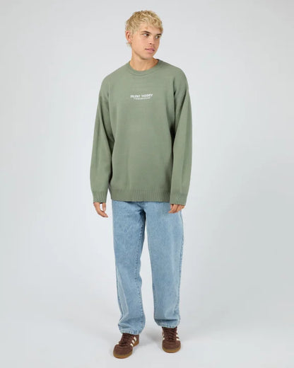 Model wearing men’s Silent Theory Essential Knit in Eucalyptus — casual NZ style

