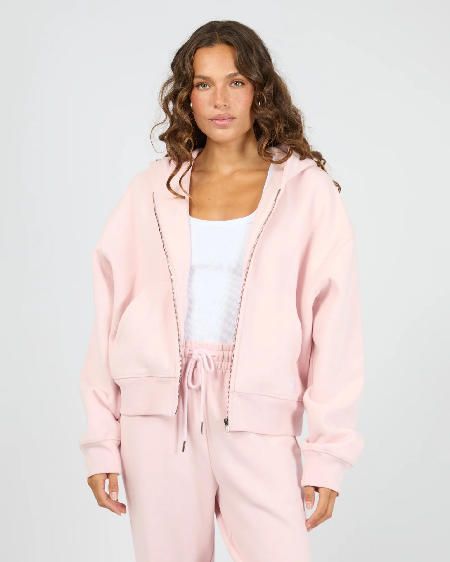 Silent Theory Luxe Zip Thru Hoodie - Pale Pink | Women's Cotton Fleece Zip Hoodie