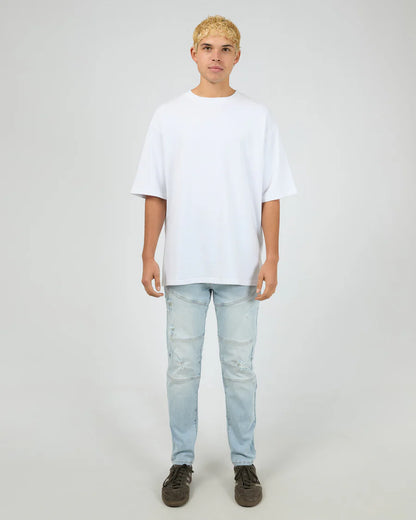 Model wearing Silent Theory Soho Jean in Bleached Blue — casual NZ style