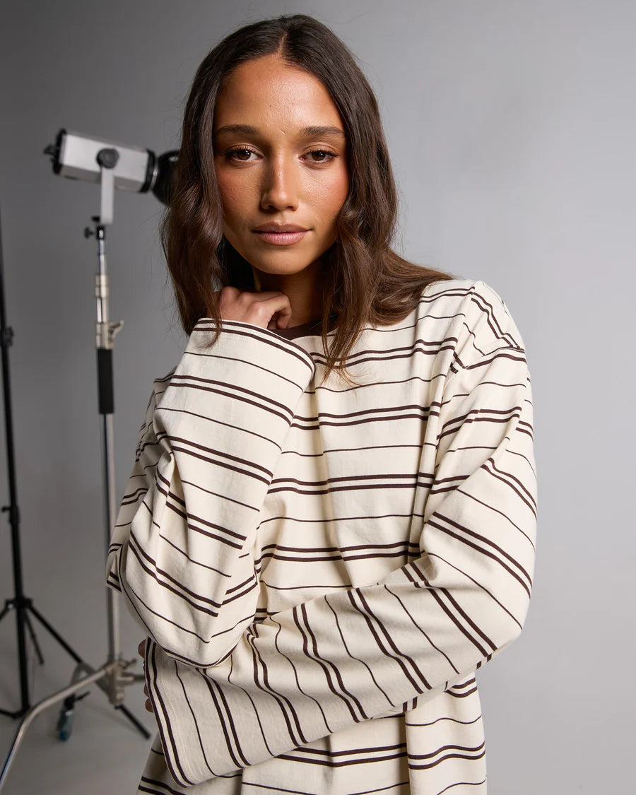 Silent Theory Stripe Long Sleeve Tee - Chocolate | Women's Cotton Stripe Top
