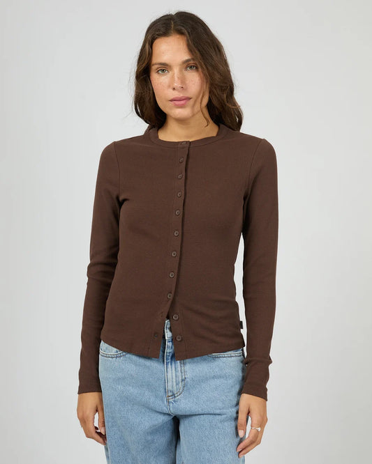 Silent Theory Button Up Long Sleeve Tee - Chocolate | Women's Ribbed Cotton Button Top