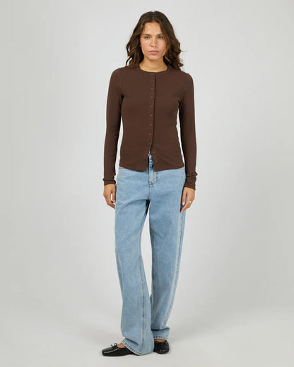 Silent Theory Button Up Long Sleeve Tee - Chocolate | Women's Ribbed Cotton Button Top