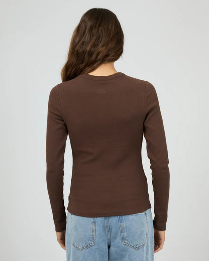 Silent Theory Button Up Long Sleeve Tee - Chocolate | Women's Ribbed Cotton Button Top