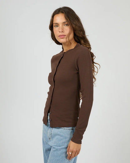 Silent Theory Button Up Long Sleeve Tee - Chocolate | Women's Ribbed Cotton Button Top