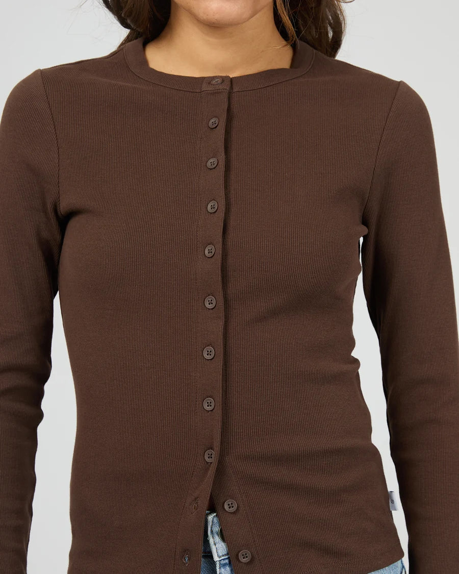 Silent Theory Button Up Long Sleeve Tee - Chocolate | Women's Ribbed Cotton Button Top