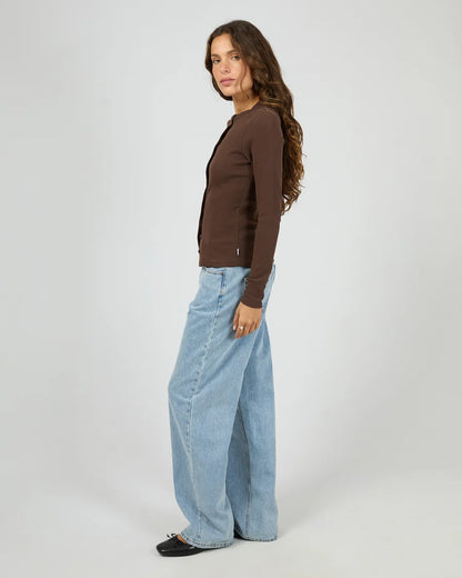 Silent Theory Button Up Long Sleeve Tee - Chocolate | Women's Ribbed Cotton Button Top