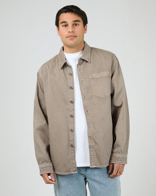 St Goliath Moab Long Sleeve Shirt - Mushroom | Men’s Button-Up Collared Overshirt Shirt