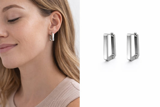 Steel Works Silver Rectangle Hoop Earrings - Belle | Hypoallergenic Surgical Steel