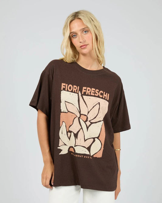 All About Eve Fiori Freschi Relaxed Tee - Brown | Women’s Graphic Cotton & Linen Tee