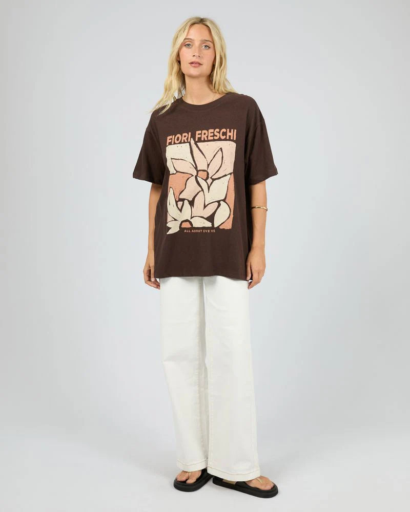 All About Eve Fiori Freschi Relaxed Tee - Brown | Women’s Graphic Cotton & Linen Tee