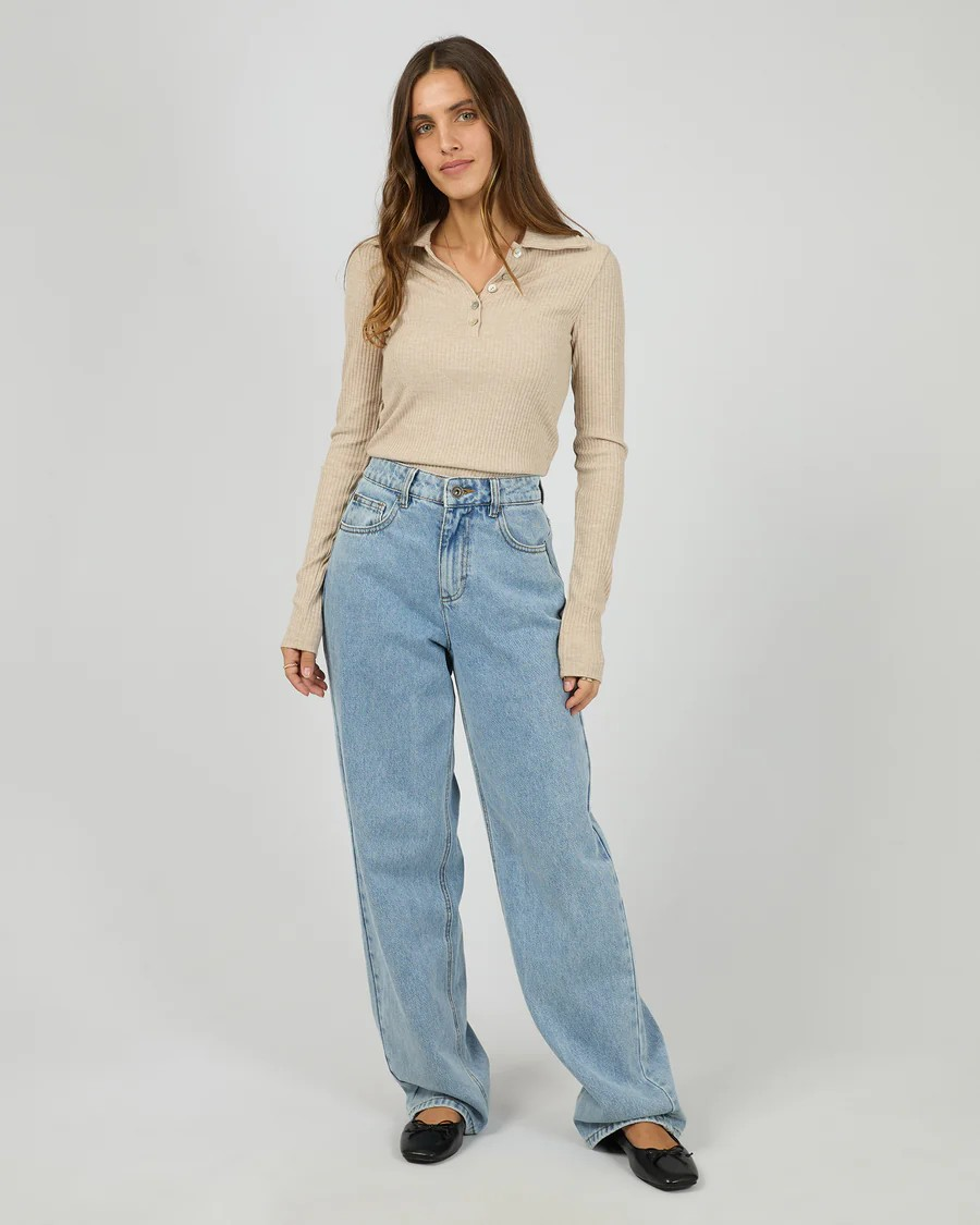 Silent Theory Aria Ribbed Long Sleeve Knit Top - Oat | Women’s Soft Layering Long Sleeve Top