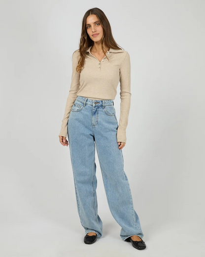 Silent Theory Aria Ribbed Long Sleeve Knit Top - Oat | Women’s Soft Layering Long Sleeve Top