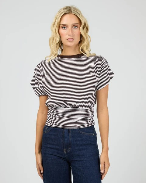 All About Eve Paige Tee – Stripe | Women’s Cotton‑Hemp Gathered Waist Tee