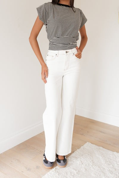 All About Eve Paige Tee – Stripe | Women’s Cotton‑Hemp Gathered Waist Tee