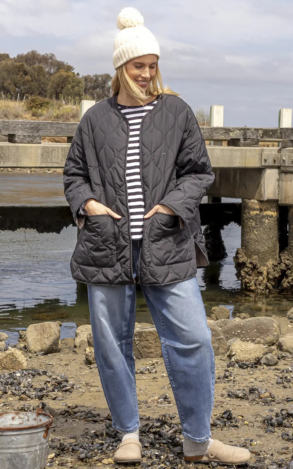 Black quilted jacket styled with casual outfit